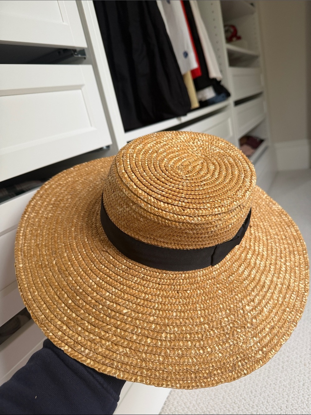 Lack of color Straw Boater Hat with Black Band